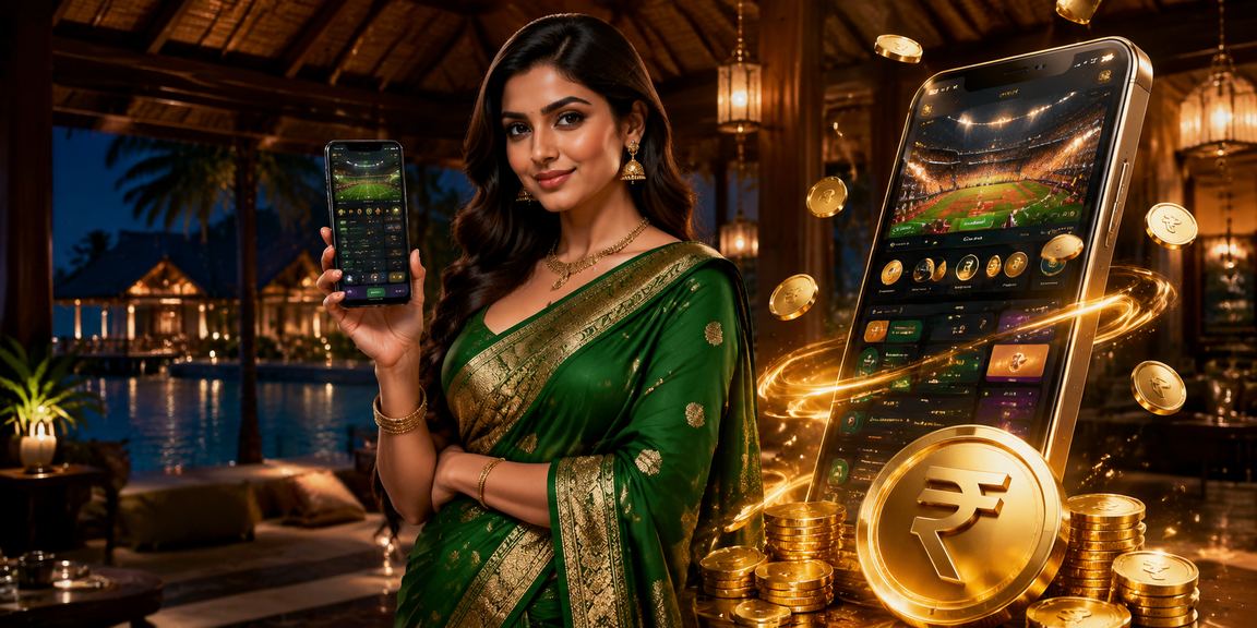 Player enjoying rummy game on mobile in saree